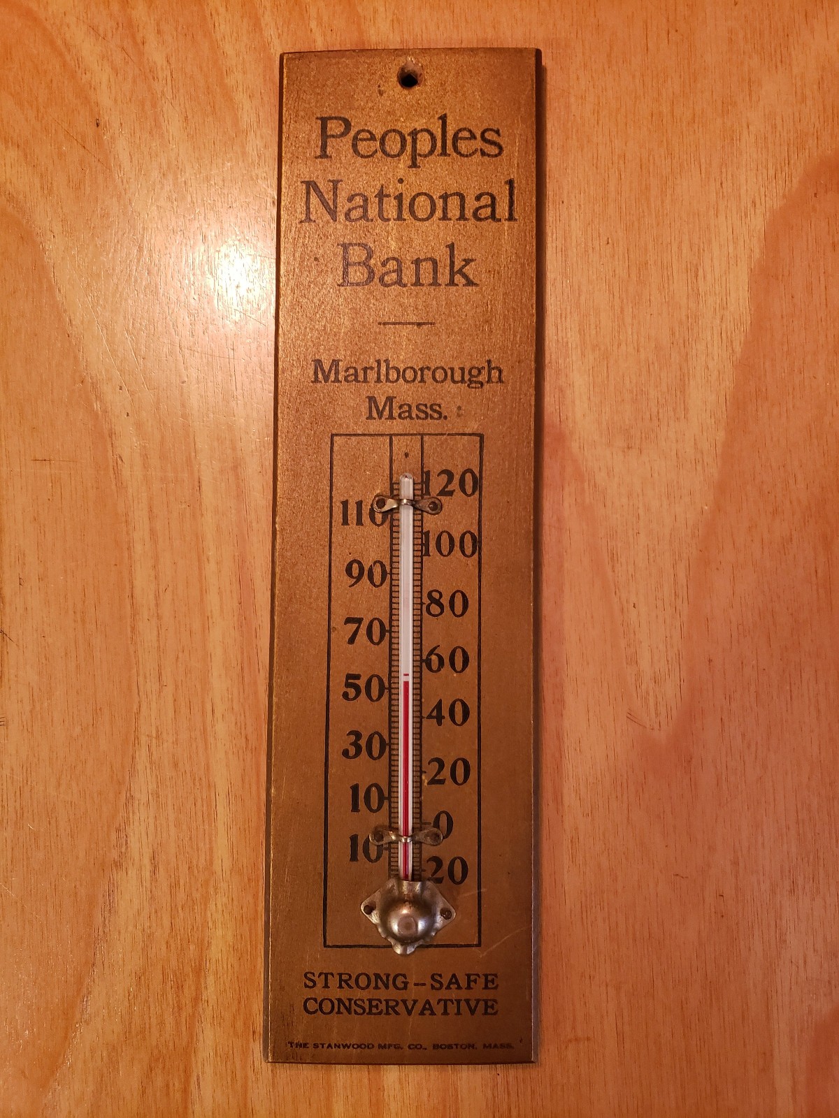 Vintage Wood Peoples National Bank Thermometer Mass.