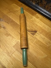 Vintage Maple Wood Rolling Pin Jade Green Handles 15.5&rdquo; Primitive Farmhouse