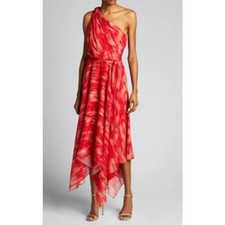 Halston Georgette Handkerchief Hem Dress Braided One Shoulder Red Glaze Size 6