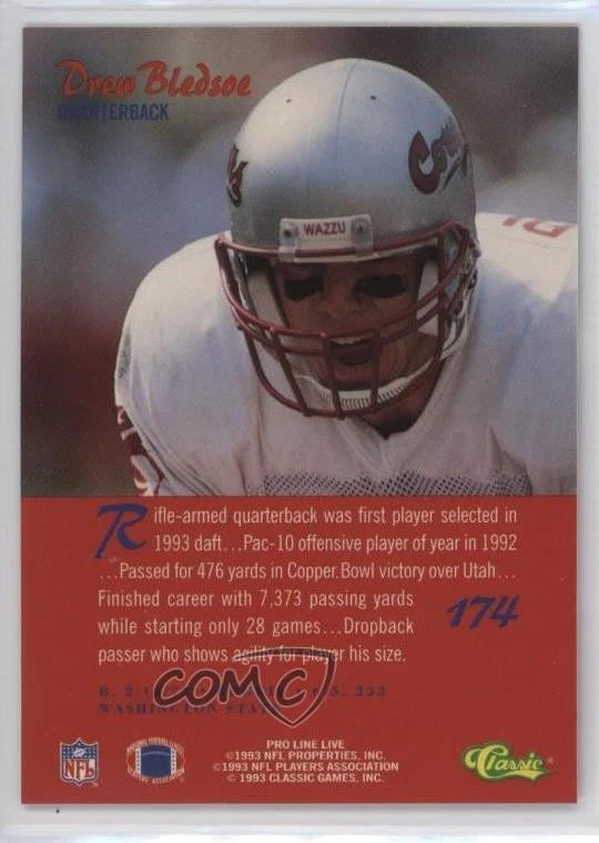1993 Classic Pro Line Live Drew Bledsoe #174 Rookie RC - Image 2 of 2