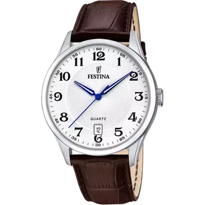 Montre Festina Classics F204261 pour homme, bracelet cuir marron cadran blanc 43 - Photo 1/4