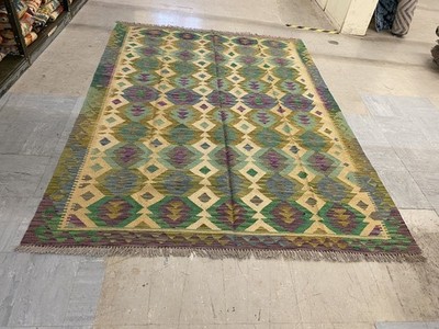 Tash Premium Afghan Handgeknüpfter Kelim Teppich Grün Wendeteppich Größe 246x176cm