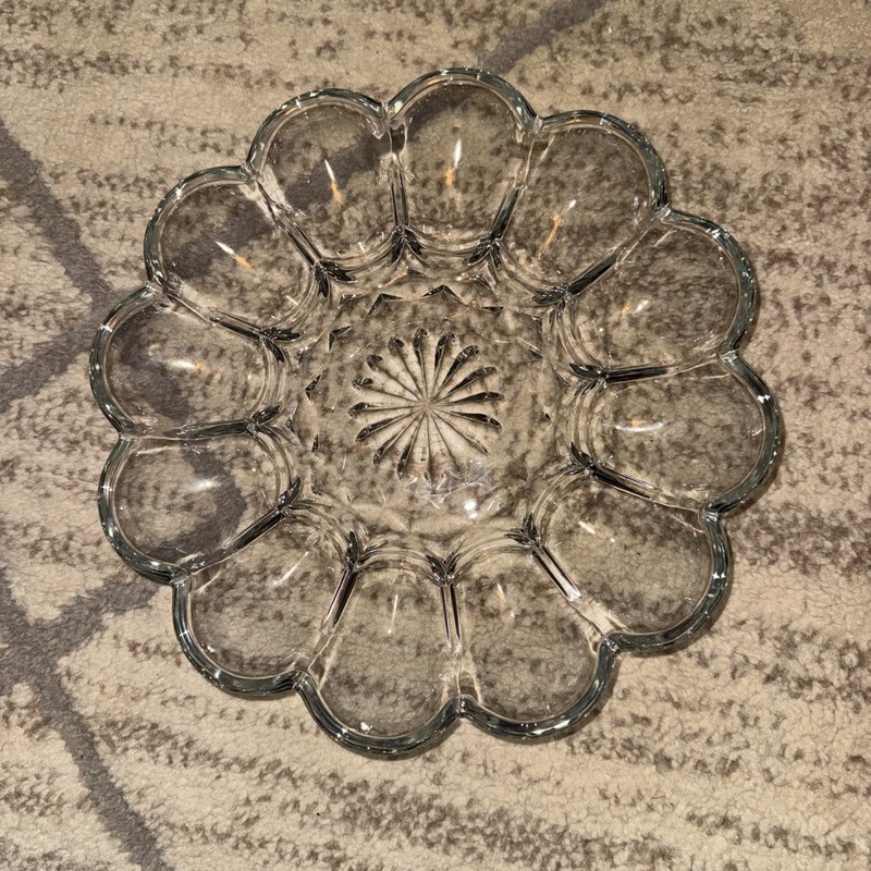 Vintage Clear Glass Egg Dish, 12-Compartment Pressed Pattern, Glossy. 
