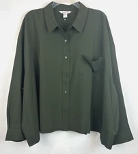 Athleta Top Womans 3X Button Up Army Green Plus Capsule Work Travel Career Read