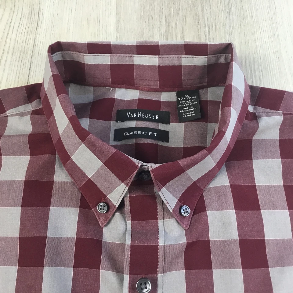Van Heusen Mens Shirt XL Red Gray Check Classic Fit Long Sleeve Dress Utility - Image 3 of 4