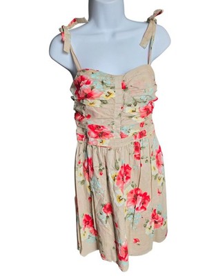 Miss Sixty M60 Floral Sun Dress Size 8 Ruched Tie Strap Y2K Tan