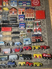 Wooden Trains Set Lot w/ Tracks/Bridges/People/Cars/Signs