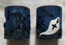 Halloween Ceramic Ghost Tea Light Candle Holder Haunted House Bats Sonoma Set x2