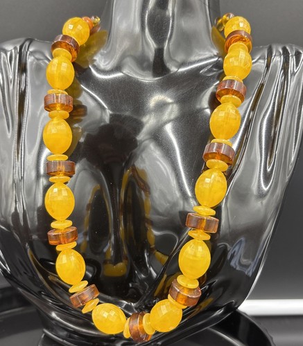 Vtg Amber Resin Bakelite Necklace Faceted Bead Bohemian With Silver Clasp