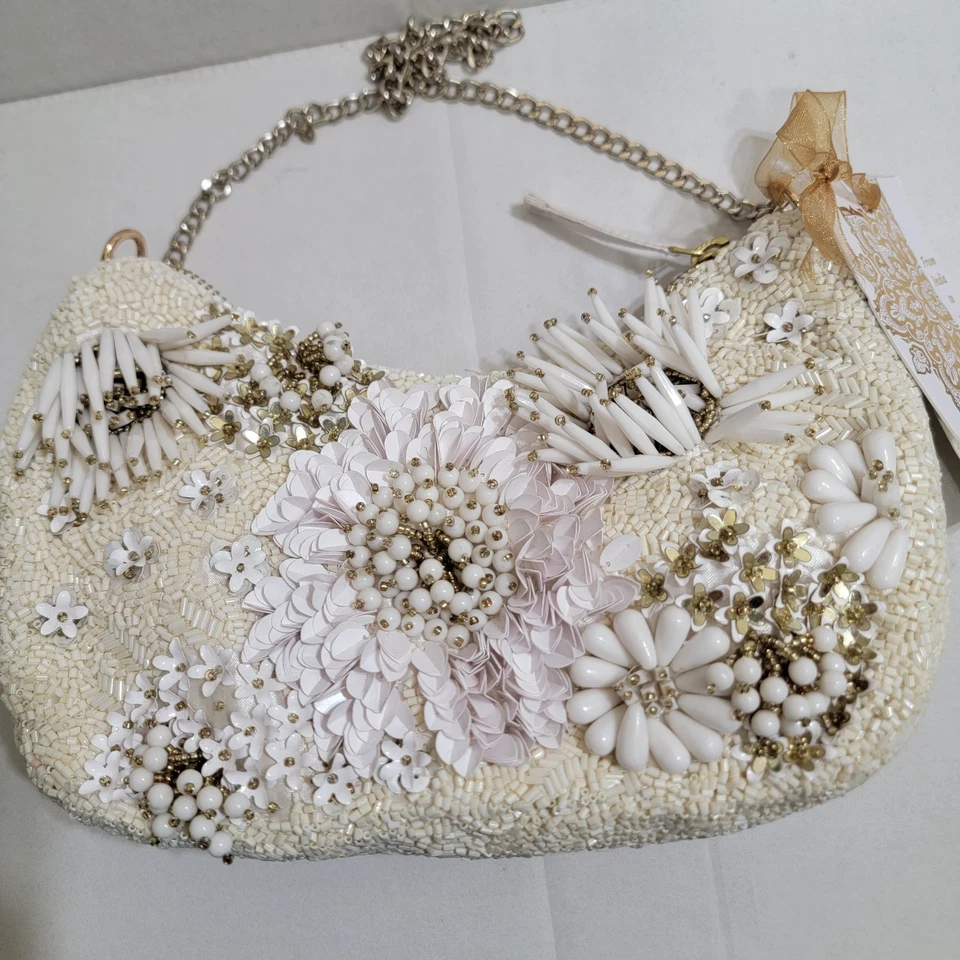NEW Handcrafted in India Cream Gold Beaded Bag Bling Floral Chunky Festive Viral - Image 3 of 4