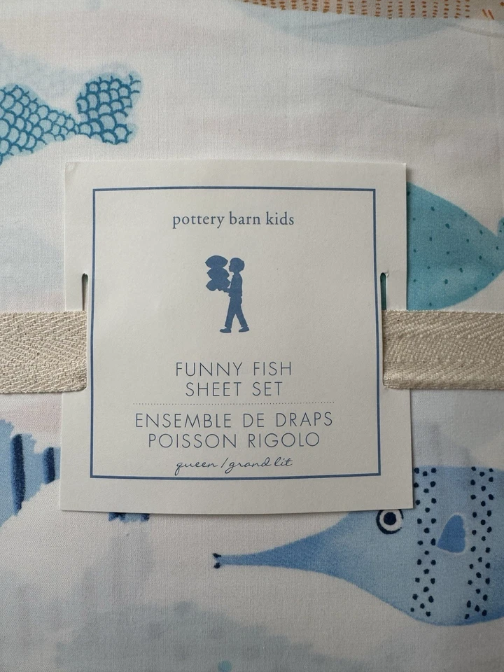 Pottery Barn Kids ~BLUE ENGRAÇADO FUSH~ *QUEEN* CONJUNTO DE LENÇÓIS ~ALGODÃO~ TUBARÃO NÁUTICO - Imagem 4 de 4