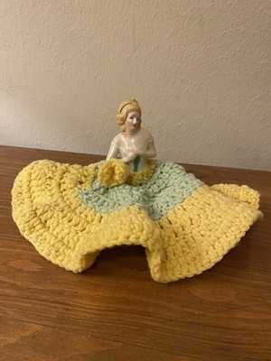 Vintage Porcelain Half Doll With knitted Skirt Flower Accent Germany Antique 