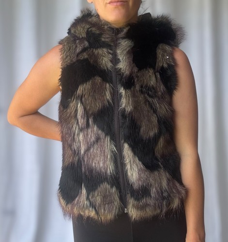 Vintage Hot Options Faux Fur Zip-Up Vest Hood VTG Boho Y2K Style Size Small