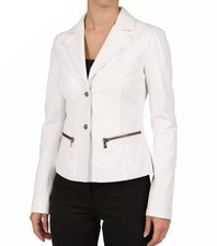 Stylish Button Women Blazer White Classic Real Genuine Lambskin Leather Party