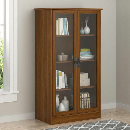 Cherry Finish Wooden Glass Door Bookcase Bookshelf Media Cabinet Display Storage