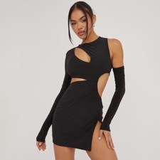 Ego Cold Shoulder Slash Cut Out Detail Side Split Mini Dress Black Slinky UK 8