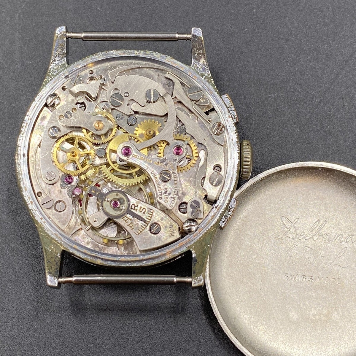 DELBANA 17JEWELS ANTIMAGNETIC 手巻き　K18裏蓋 Vintage Delbana Antimagnetic Chronograph Watch 17 Jewels 48