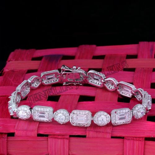 9.5 Ct Emerald and Round Cubic Zirconia Wedding Linking Bracelet 7 In 925 Silver