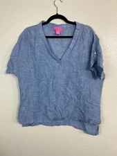Isaac Mizrahi Linen Womens Blue Short Sleeve Top Size Medium lagenlook Boxy