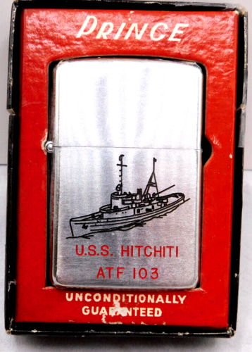 RARE 1968 Viet Nam ERA Prince Lighter USS HITCHITI ATF-103 Ocean TUG w/ Gift Box