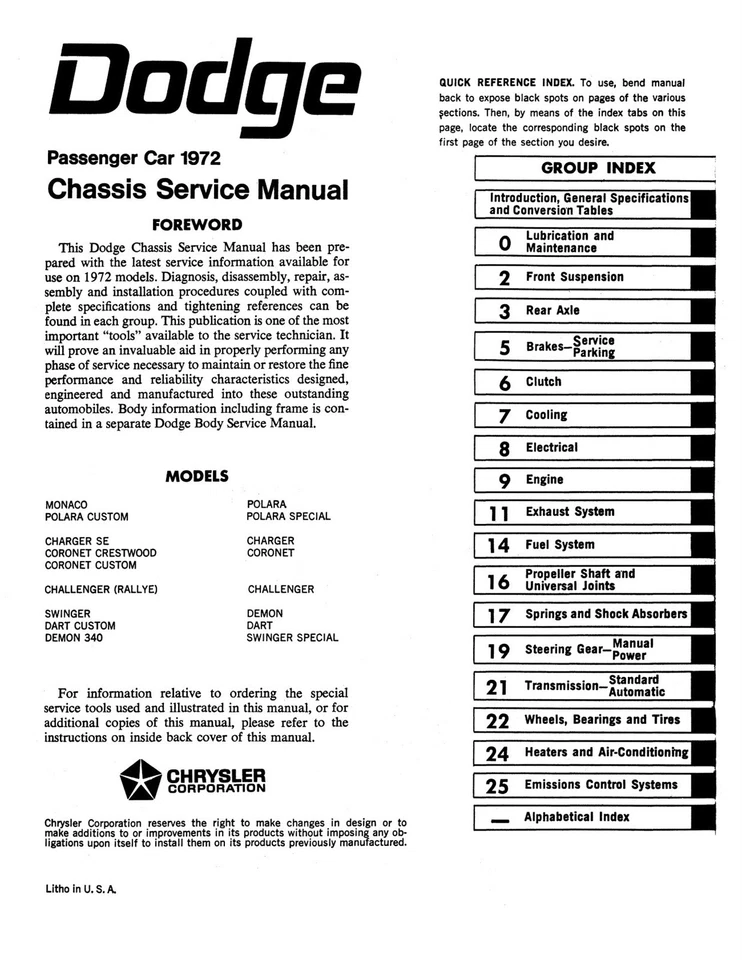 1972 Dodge Challenger, Dart, Charger, Coronet, Polara, Monaco Chassis Service Ma - Imagem 2 de 3
