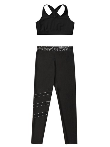 Kids Girls Crop Top With Leggings Breathable 2 Piece Dance Outfits Yoga Workout - Picture 38 of 61