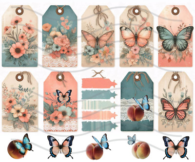 Junk Journal Supplies Pink and Blue Butterfly Tags Collage Scrapbook Card Making