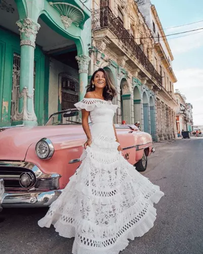 Abito lungo donna in pizzo con arricciature a strati abito trasparente swing - Foto 7 di 12