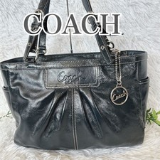 COACH Pleated Gallery Tote Bag Patent Leather Navy 22a