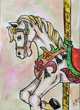 ACEO Original Art Card "Carousel Horse" Pen & Watercolors, Metallics 2.5" x 3.5"