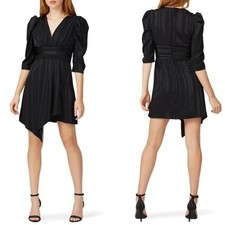 J.O.A Pleated Vneck Mini Dress S Black Jacquard Stripe Ruffle Satin Cocktail