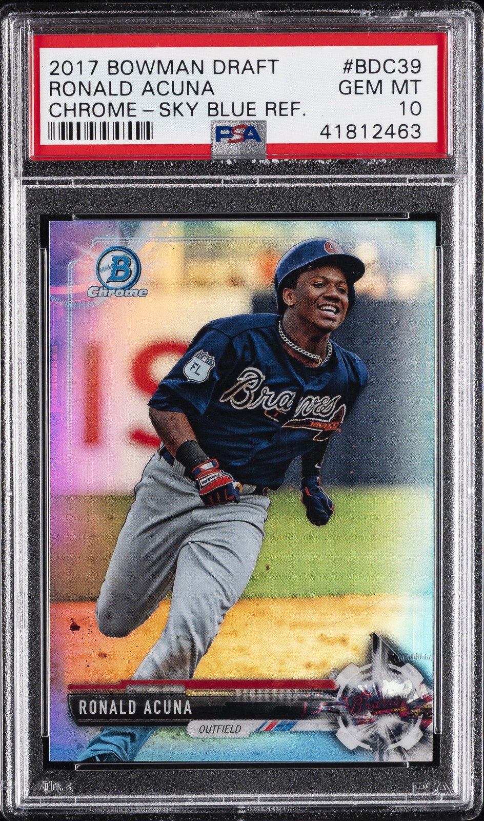 2017 BOWMAN DRAFT CHROME-SKY BLUE REFRACTOR #BDC39 RONALD ACUNA #/399 PSA 10