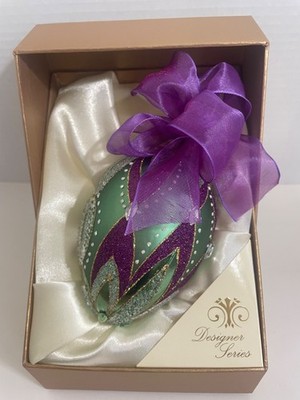 Nelson Designer Series Jumbo Beaded Glass Peacock Egg Ornament Made in Poland