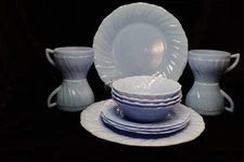 Jeanette Swirl Delphite Blue Plates Cups Dessert Bowls 13 Pieces 1937-1938