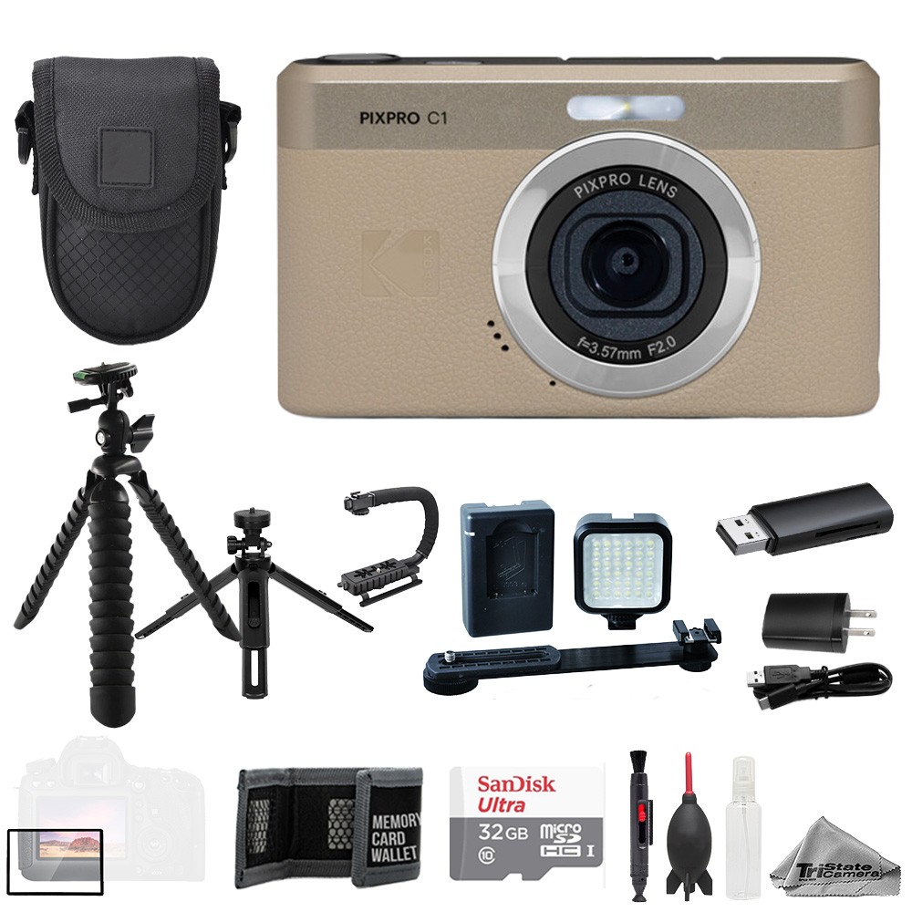 Kodak PIXPRO C1 Compact Camera Tan +32GB +Ext Batt+ LED Light