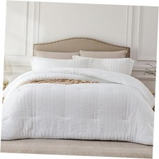 White Queen Comforter Set - 3 Pieces Seersucker Lightweight Bedding Comforter