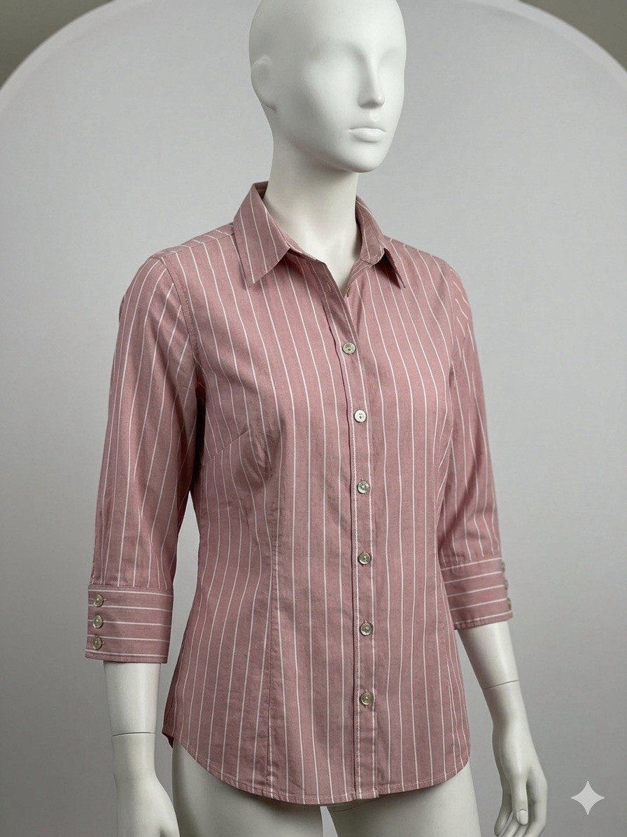 Chico's Pink White Striped Button-Up Collared 3/4 Sleeve Pima Blouse Size 3