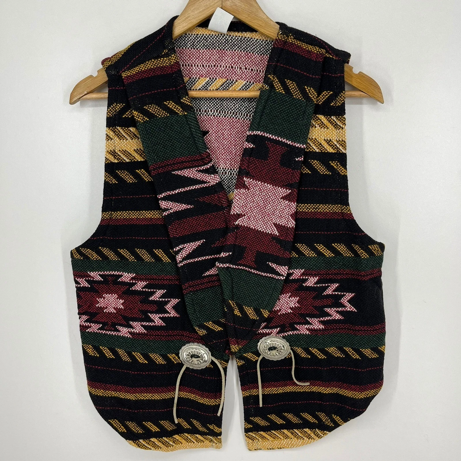 Vintage Southwestern Aztec Geometric Cotton Vest Men Large Concho Button USA