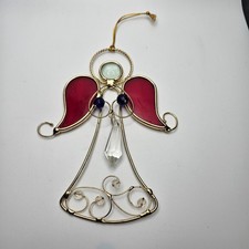 Stained Glass Style Angel Suncatcher Ornament Red Wings Crystal Accent