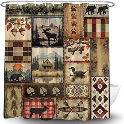 Rustic Cabin Shower Curtain Wildlife Bear Moose Country Lodge 70''Wx 70''L
