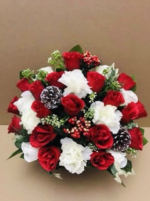 Weihnachten Grab Topf Blumengesteck flache Rückseite Friedhof künstliche rote Rosen