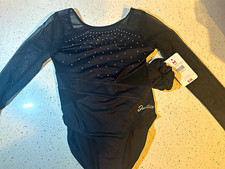 Girls Black Long Sleeve Mesh Rhinestone Gymnastics Leotard