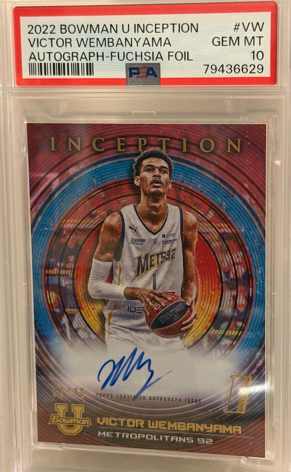 2022 Bowman Inception Victor Wembanyama JERSEY MATCH Rookie Auto 1/75 PSA 10 #VW