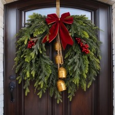 Christmas Wreath Door Swag Artificial Evergreen Red Velvet Bow Gold Bells