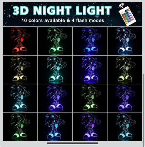 Sonic The Hedgehog 3D Illusion LED Light Lamp 16 Colours + Remote Control New 3+ - Picture 2 of 9