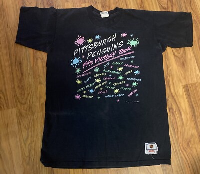 Vtg Pittsburgh Penguins 1990 Victory Tour T-shirt Size XL Nutmeg Single Stitch 