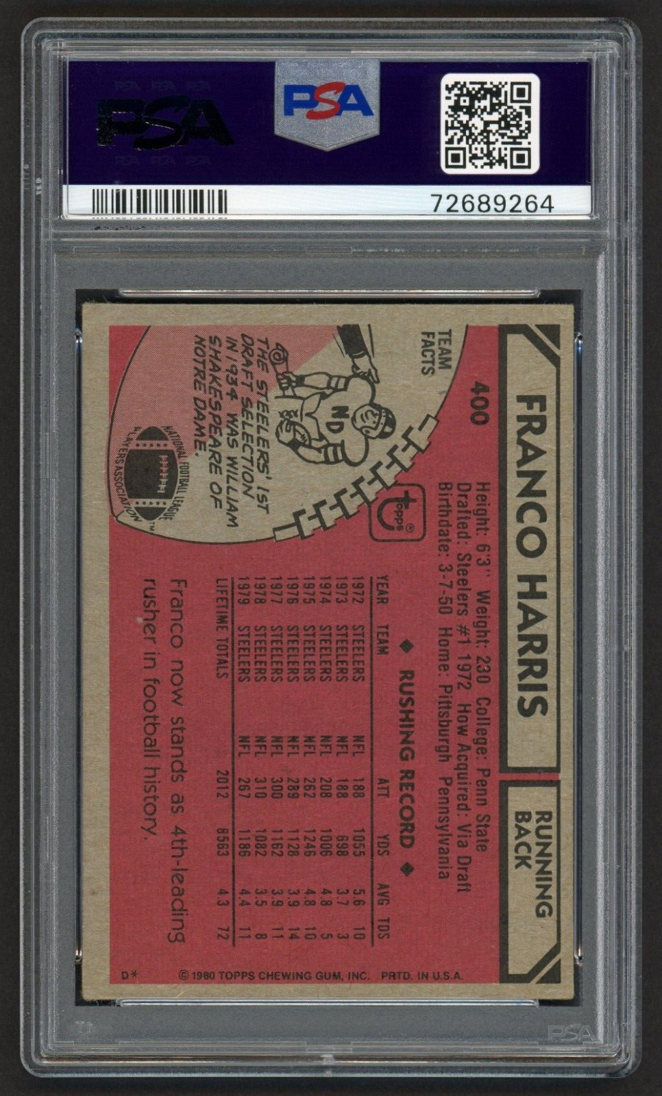 1980 TOPPS FRANCO HARRIS #400 PITTSBURGH STEELERS HOF VINTAGE PSA 4 VG-EXCELLENT view 3