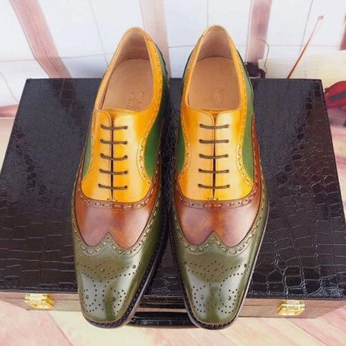 Handmade Premium quality Three Tone Pure Leather Oxford Lace up Wingtip Shoe Men