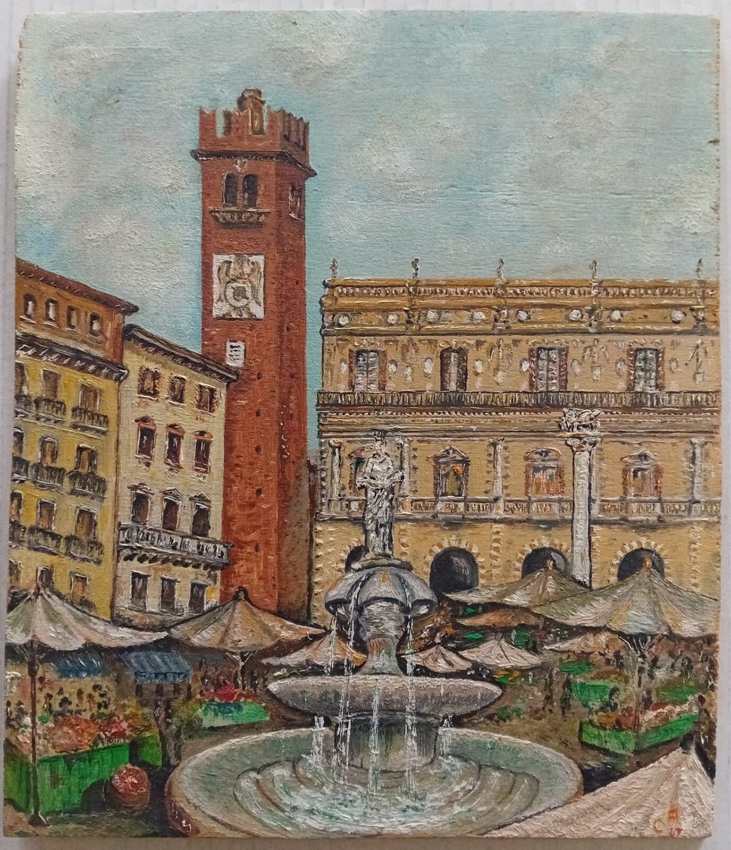 Dipinto Verona Piazza delle Erbe 1967 Siglato Cornice 25x21,5 cm