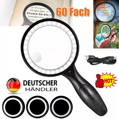 Große Lupe LED Handlupe mit Licht 30/60x Fach Vergrößerung Beleuchtete Leselupe